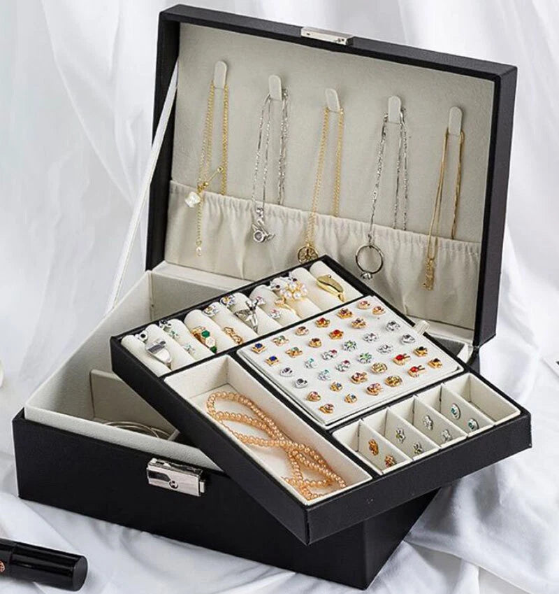 Home Jewelry Box Double Layer For Earrings Necklace Ring Storage Box w/ Lock | eBay
