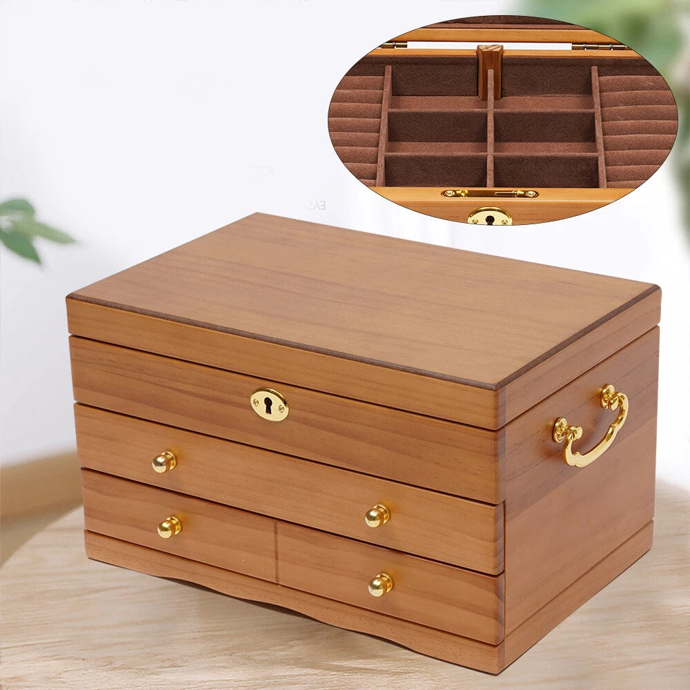 3-Layers Wooden Jewelry Storage Box Large Capacity Ring Case With Safe Lock NEW! | eBay