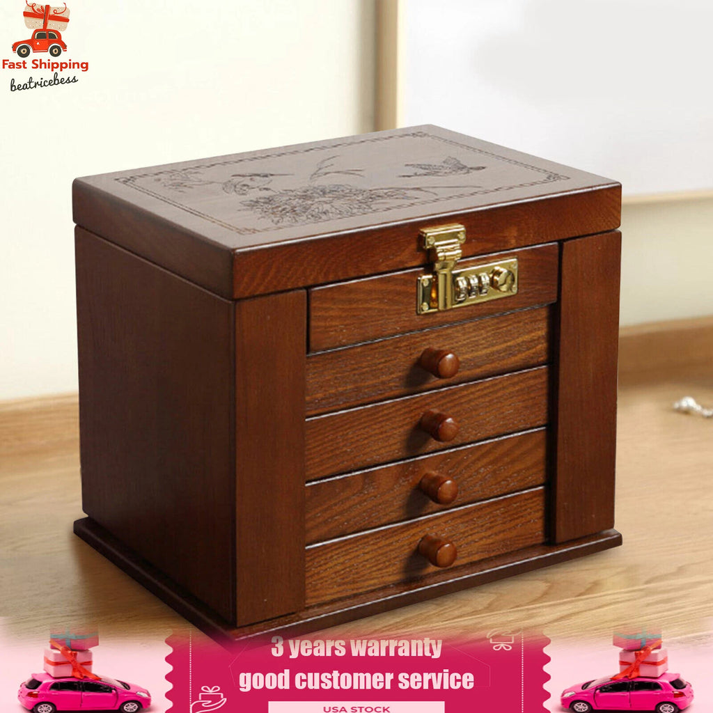 Large Wood Jewelry Storage Box 5 Layers 4 Drawers Jewelry Cabinet Armoir& Lock | eBay