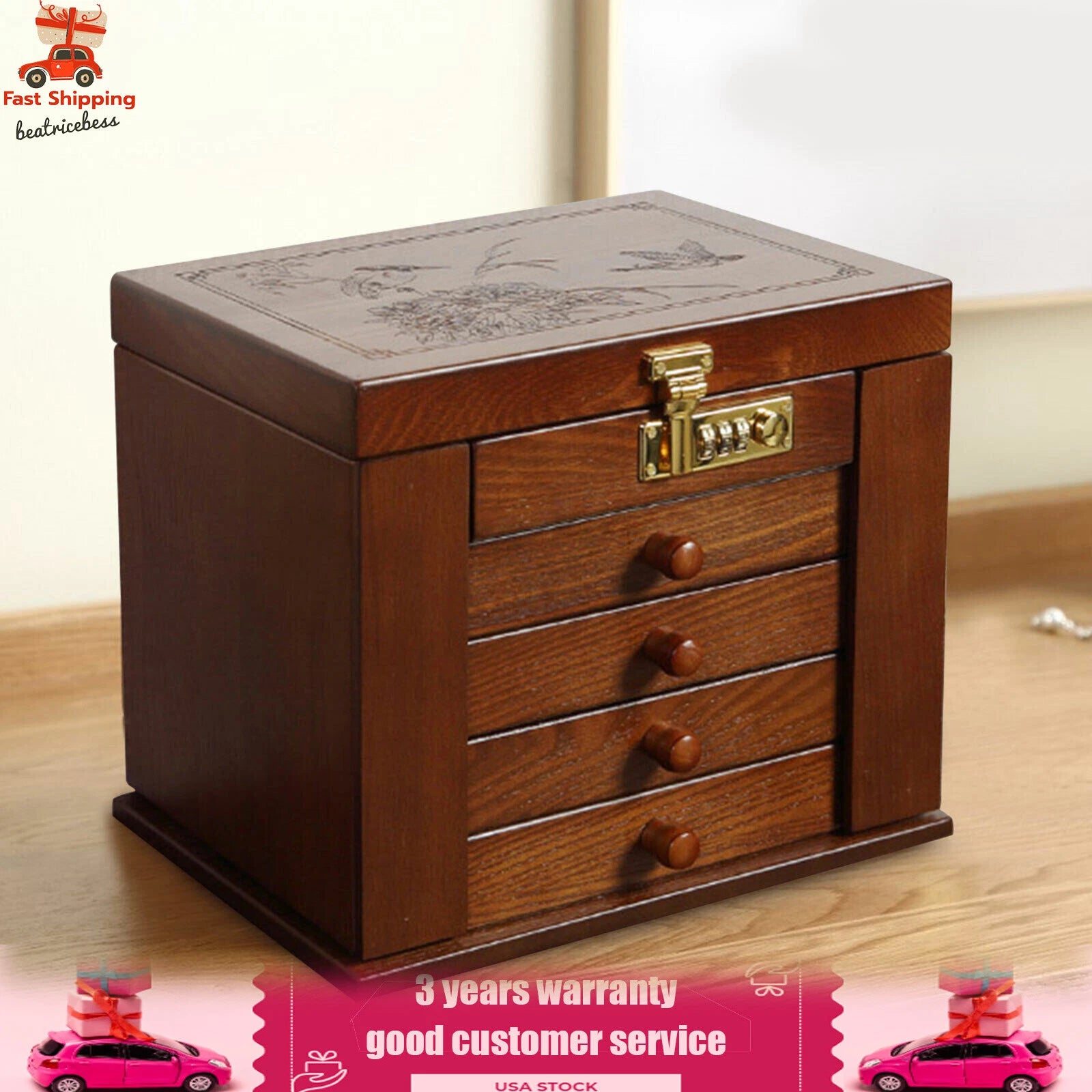 Large Wood Jewelry Storage Box 5 Layers 4 Drawers Jewelry Cabinet Armoir& Lock | eBay