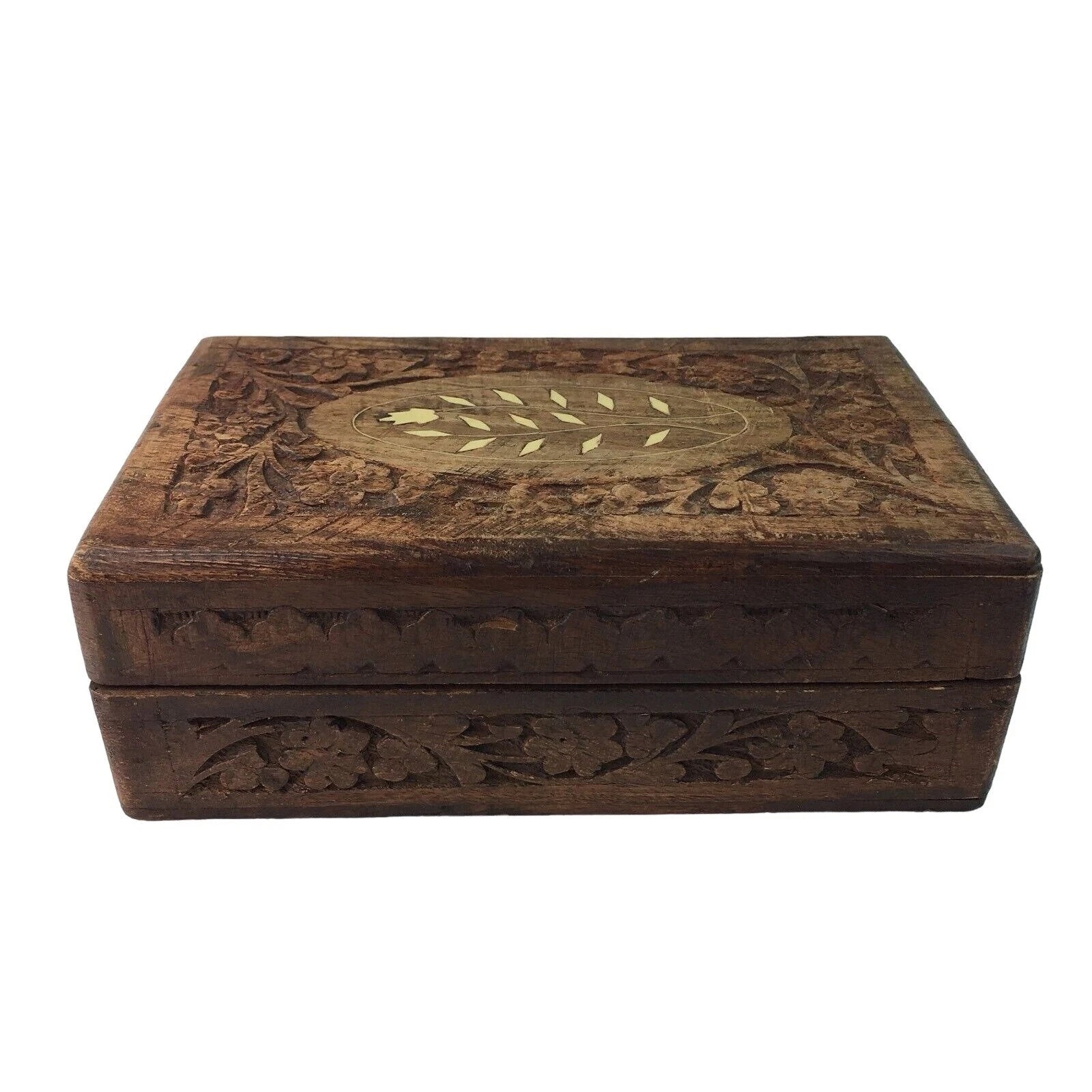 Wood Jewelry Chest Storage Box Inlay Carved Floral Pattern Solid Mid Century u | eBay