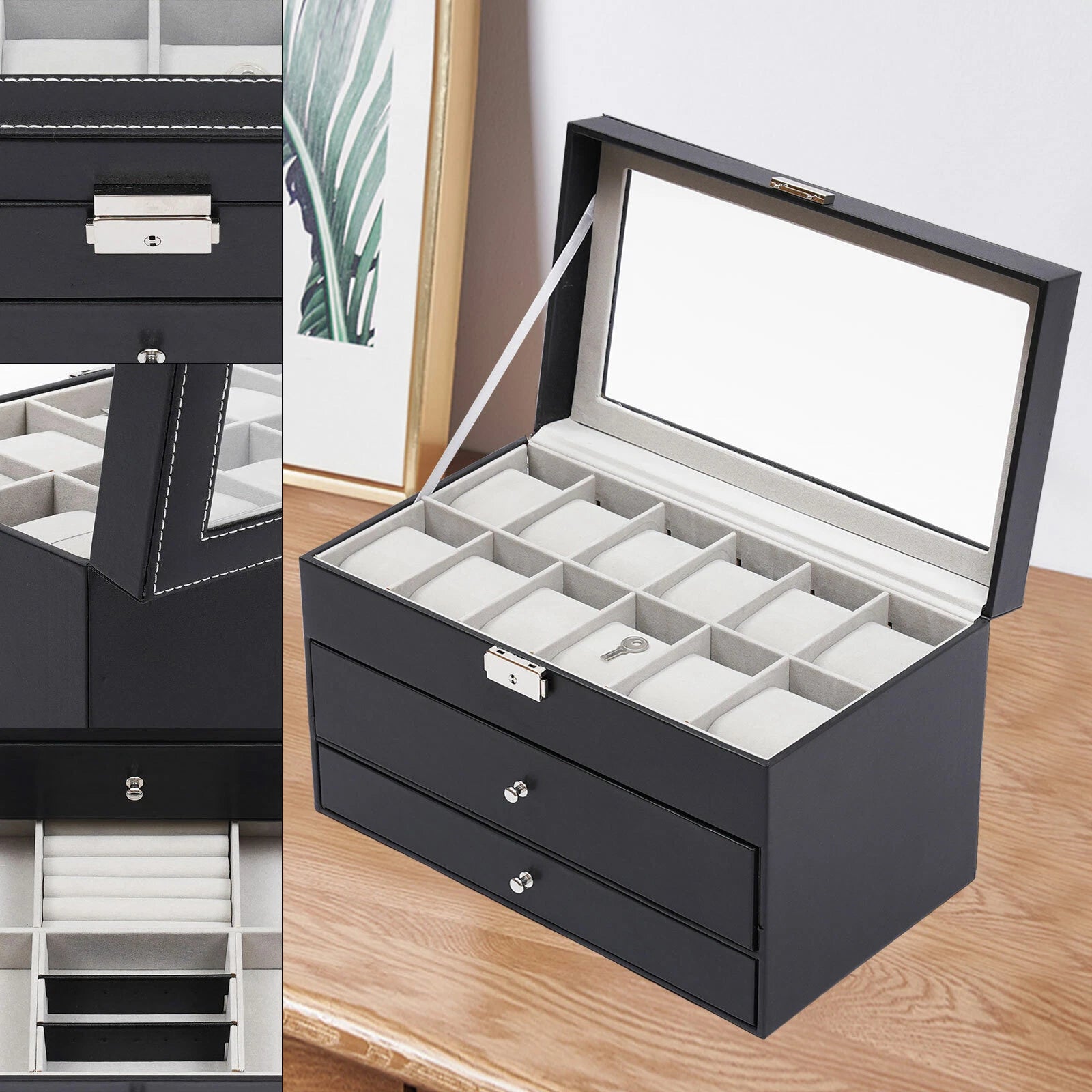 3 Layer Watch Sunglasses Jewelry Display Box Drawer Metal Buckle Organizer Box | eBay