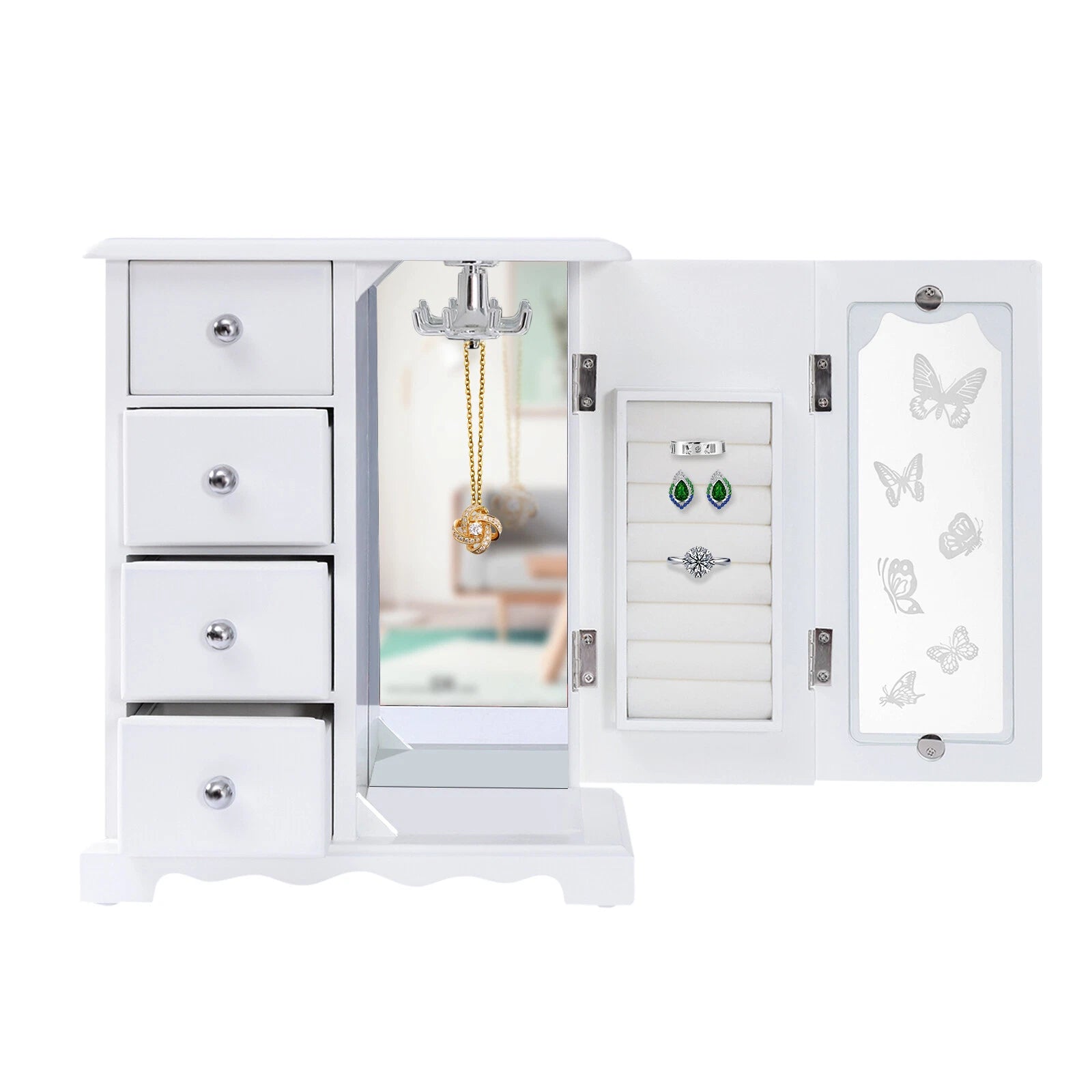 Elegant White Jewelry Box Organizer with 4 Drawers and Butterfly Design | eBay