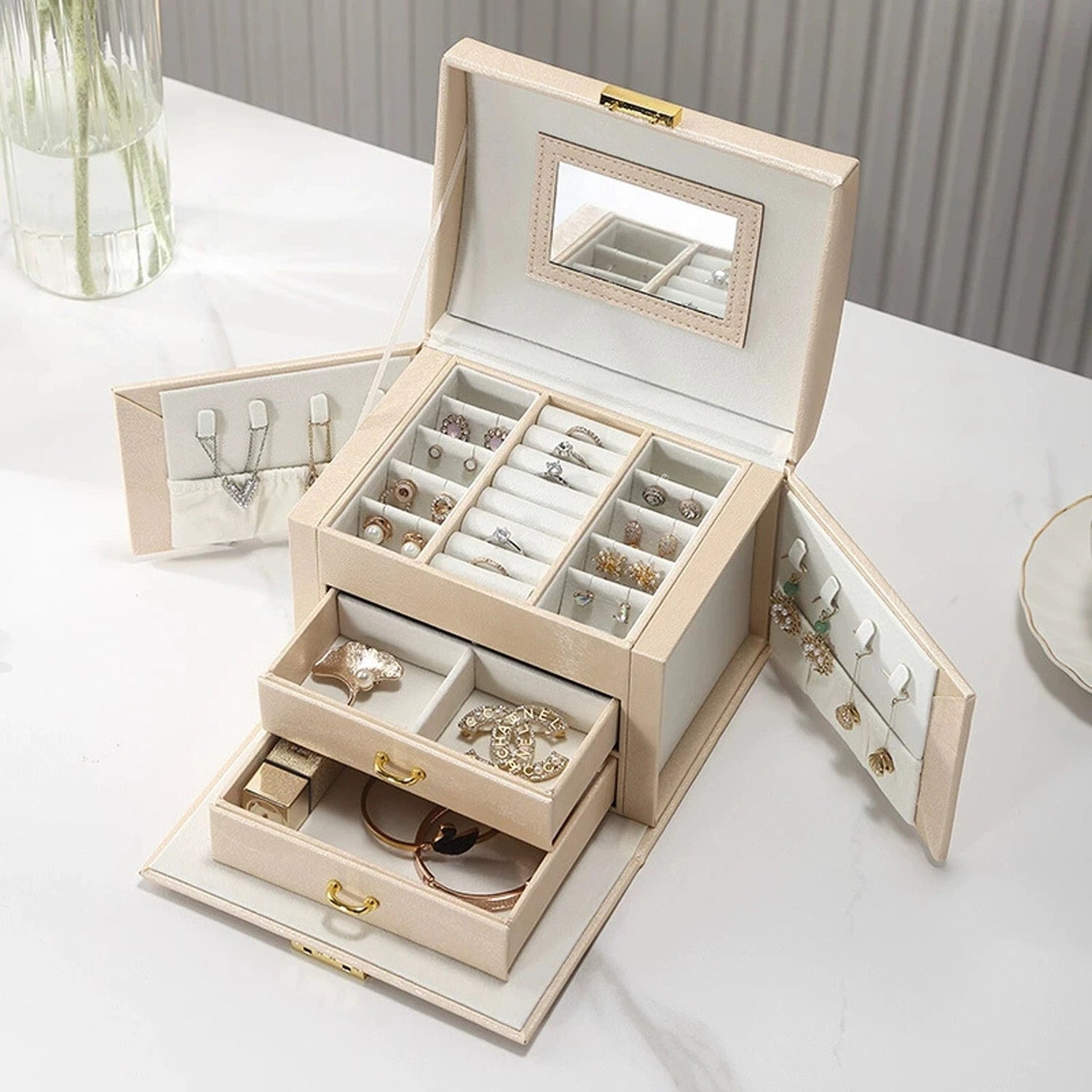 2 Layer Jewelry Storage Box for Necklaces Rings Watches PU Leather with Mirror ^ | eBay
