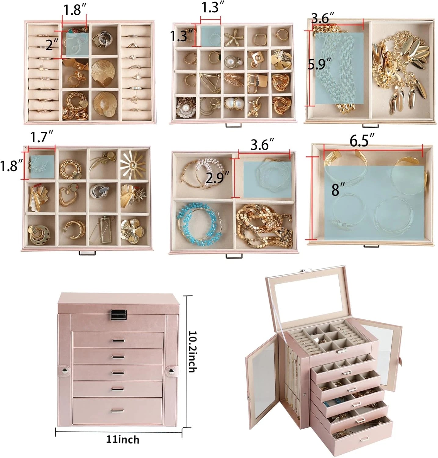 6 Layer Large Jewelry Boxes with Mirror，Multifunctional 5 Drawers Jewelry Box Or | eBay