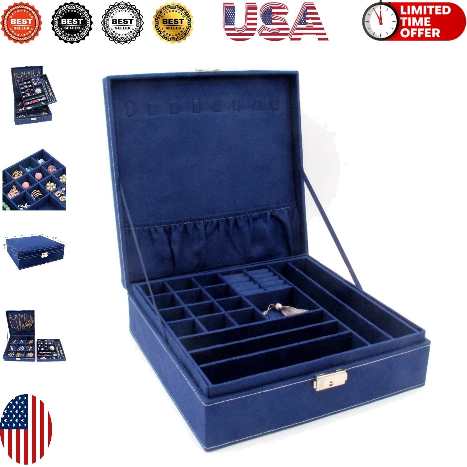 Elegant Two-Layer Jewelry Box Organizer in Deep Blue with Removable Compartments | eBay