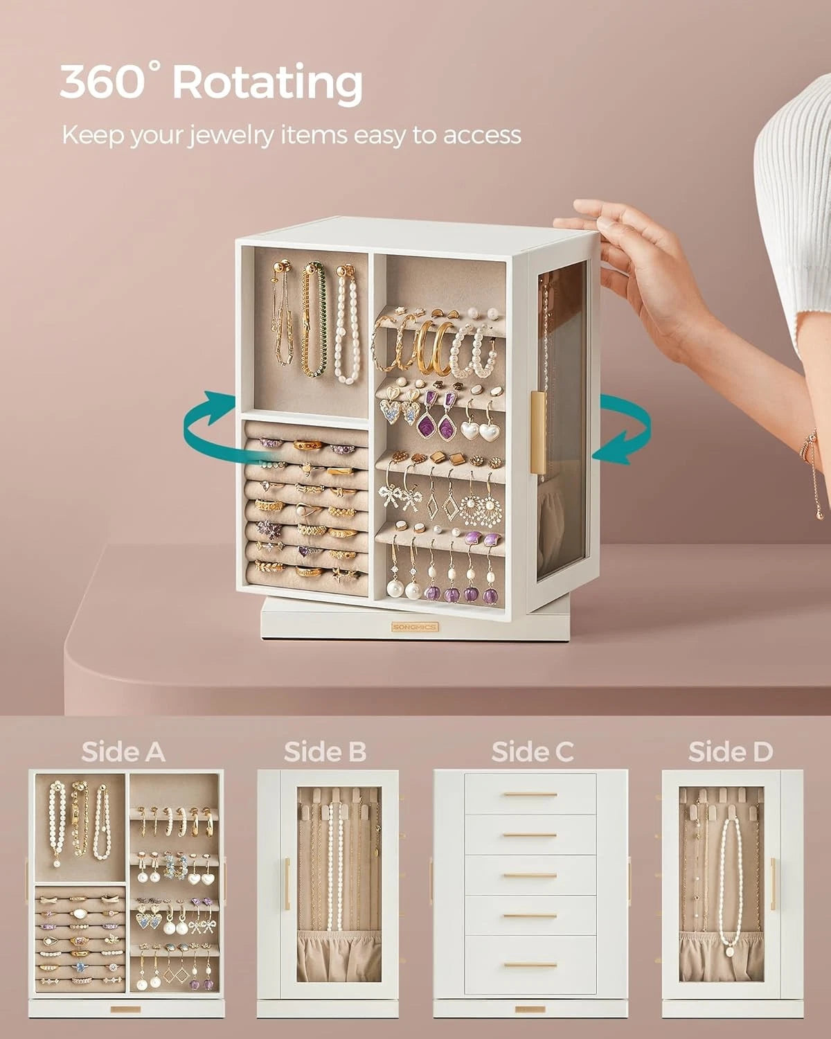 Jewelry Box 360° Rotating,Jewelry Storage Case with 5 Drawers, Jewelry Organizer | eBay