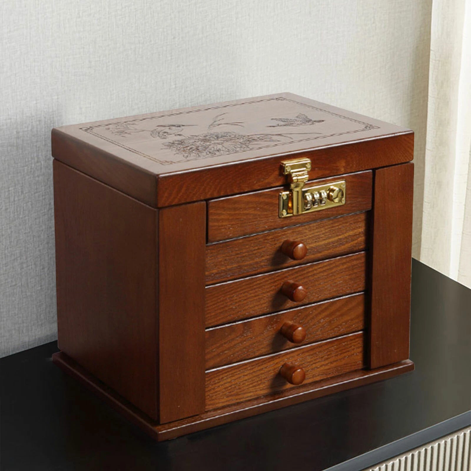 Large Wooden Jewelry Storage Box 5-Layer 4 Drawers Jewelry Cabinet Armoir & Lock | eBay
