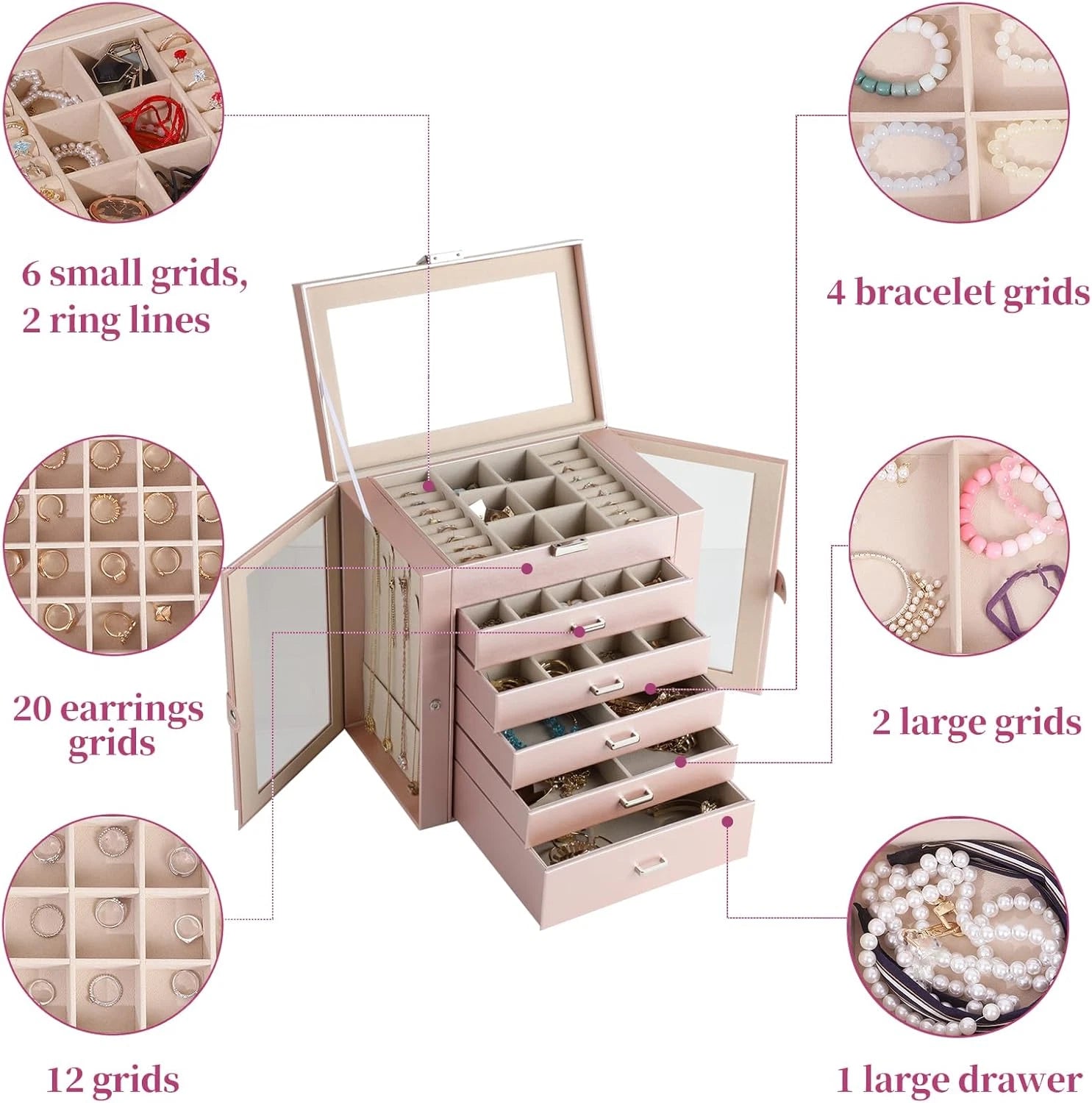 6 Layer Large Jewelry Boxes with Mirror，Multifunctional 5 Drawers Jewelry Box Or | eBay