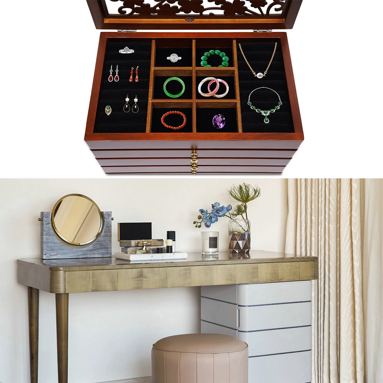 6 Layers Brown Vintage Jewelry Storage Wood Box Organizer Necklace Cabinet | eBay