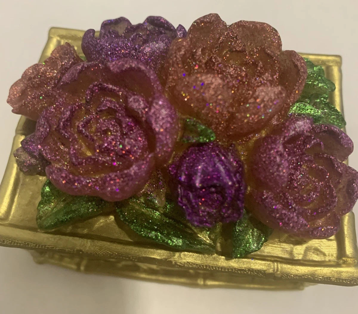 84x64x62mm Epoxy Resin Gold Tone Laser Peony Flowers Jewelry Gift Storage Box | eBay