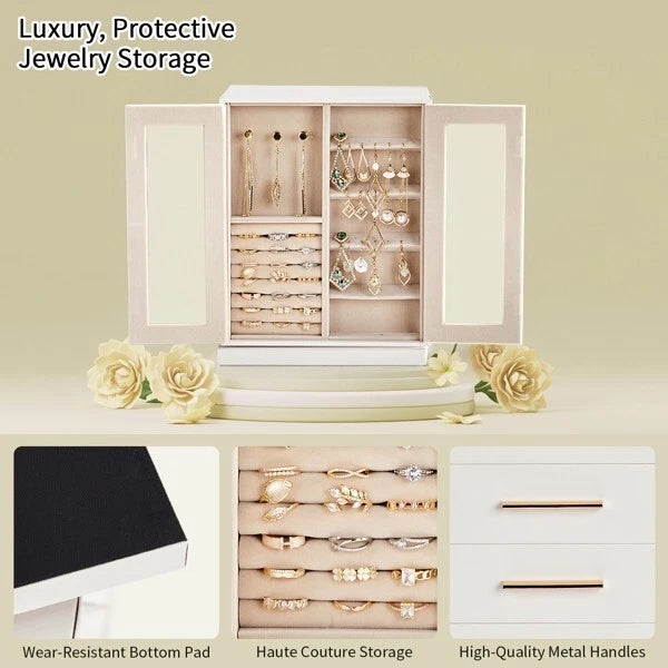 360° Rotating Jewelry Box with 5 Drawers, White Cabinet & Pink Velvet Storage | eBay