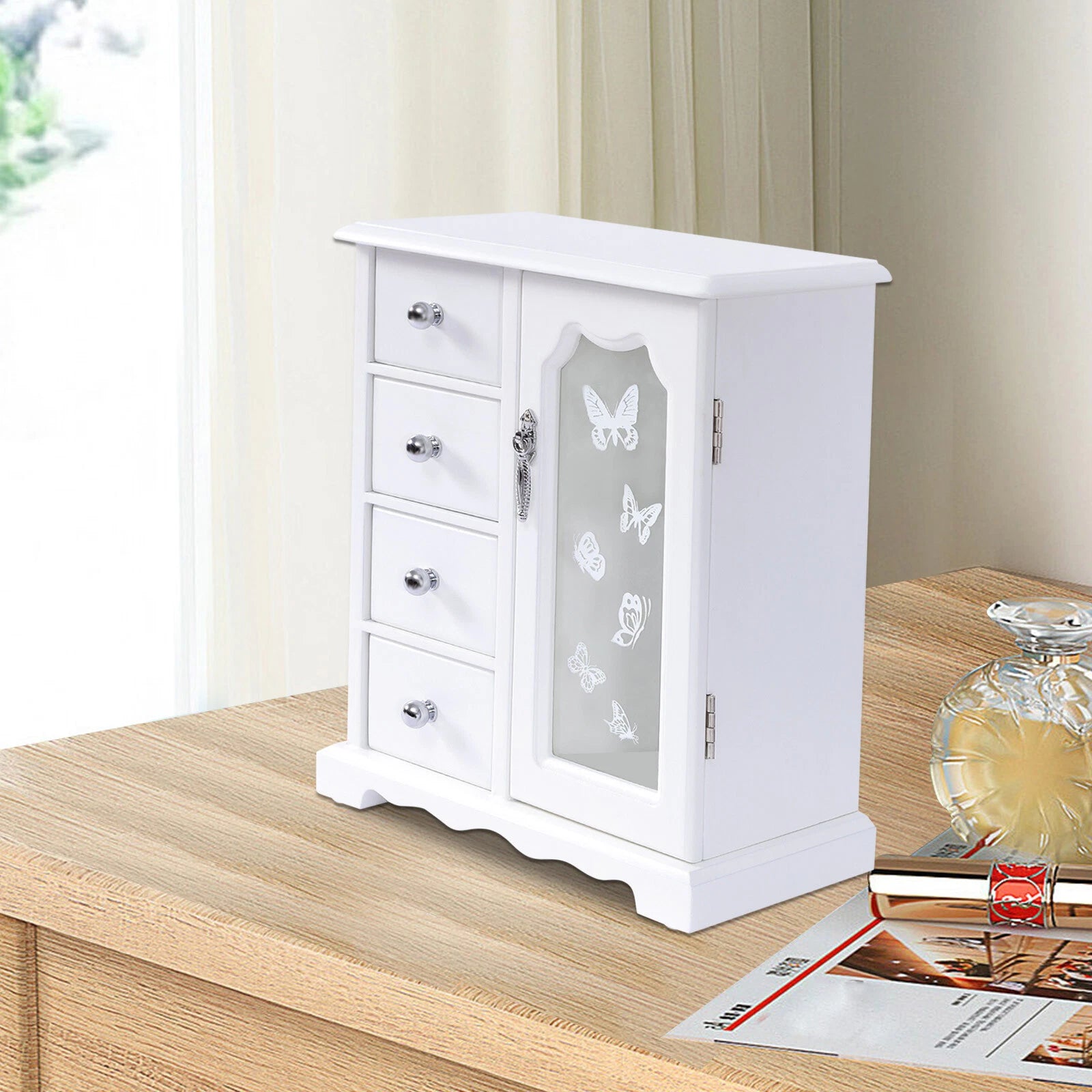 Elegant White Jewelry Box Organizer with 4 Drawers and Butterfly Design | eBay