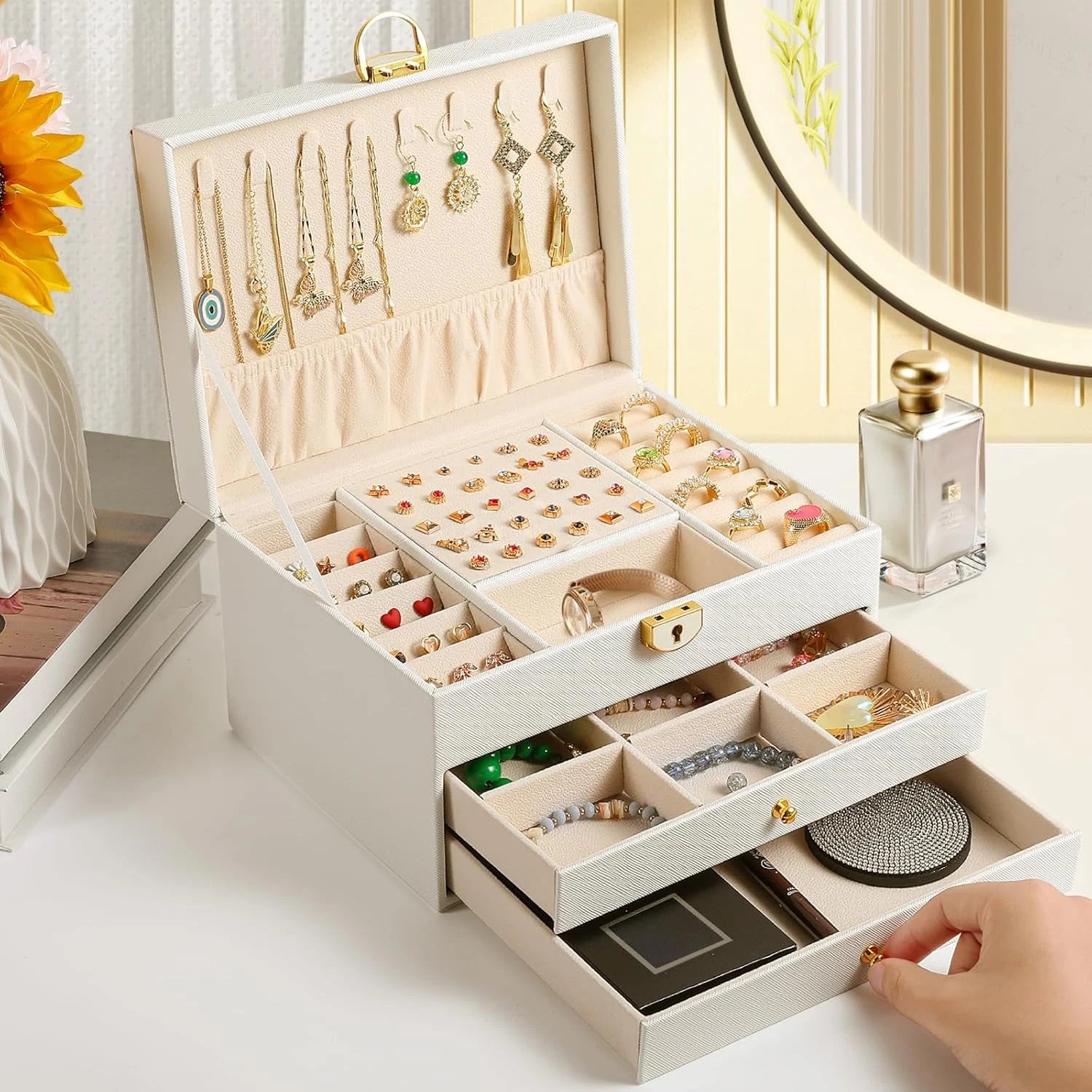 3 Layer Jewelry Box, Lockable Jewelry Holder Organizer with Jewelry Drawer, Larg | eBay