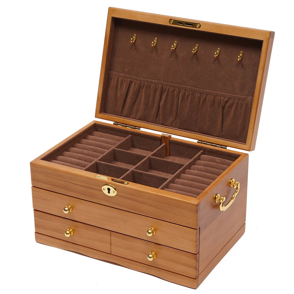 3-Layers Wooden Jewelry Storage Box Large Capacity Ring Case With Safe Lock NEW! | eBay