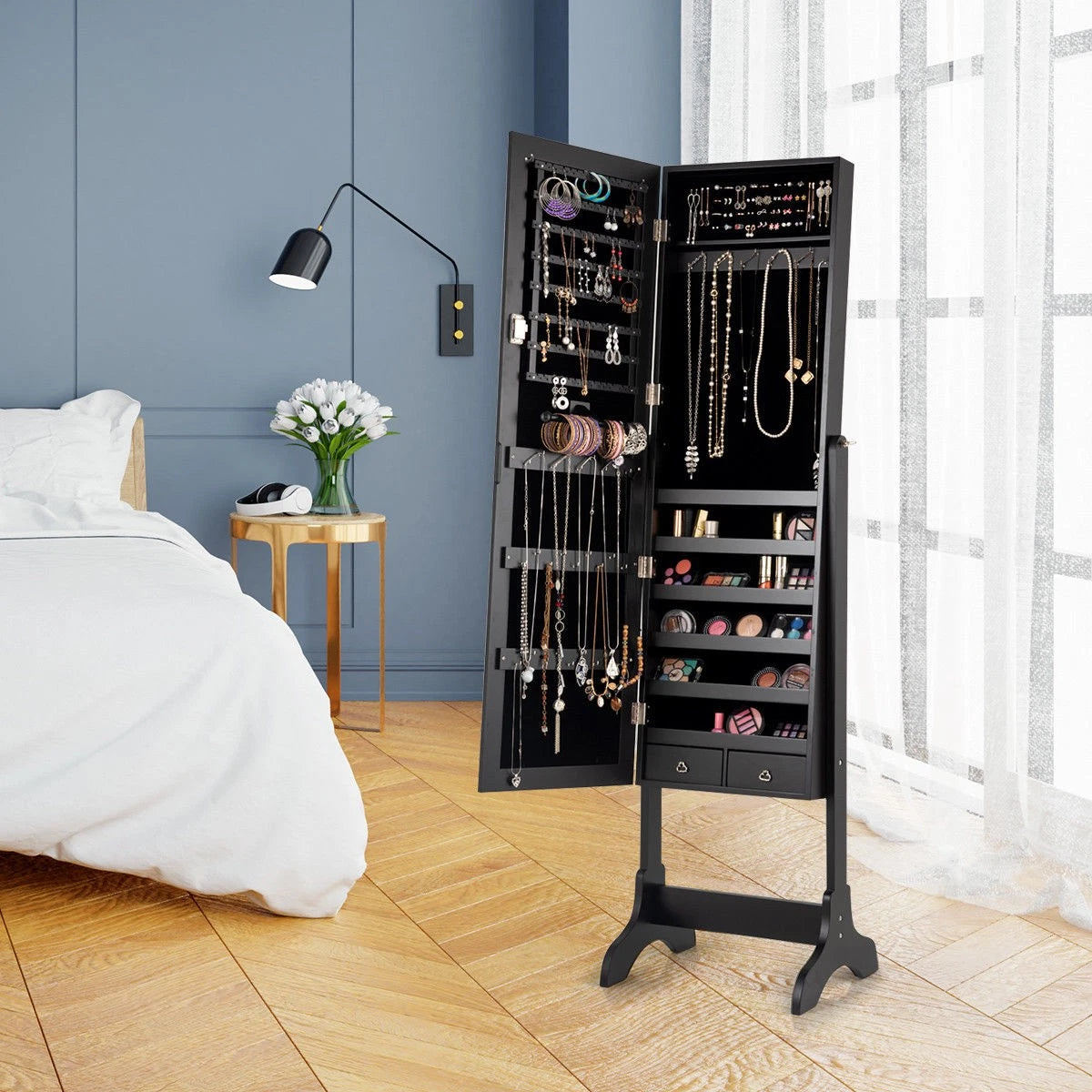 4 Tilting Position Jewelry Organizer Vanity Box w/ Full Length Mirror Black | eBay