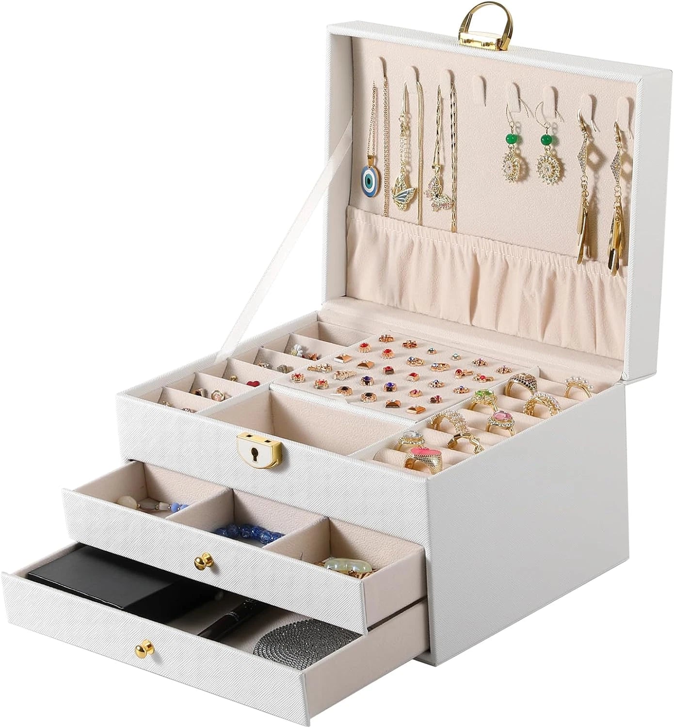 3 Layer Jewelry Box, Lockable Jewelry Holder Organizer with Jewelry Drawer, Larg | eBay