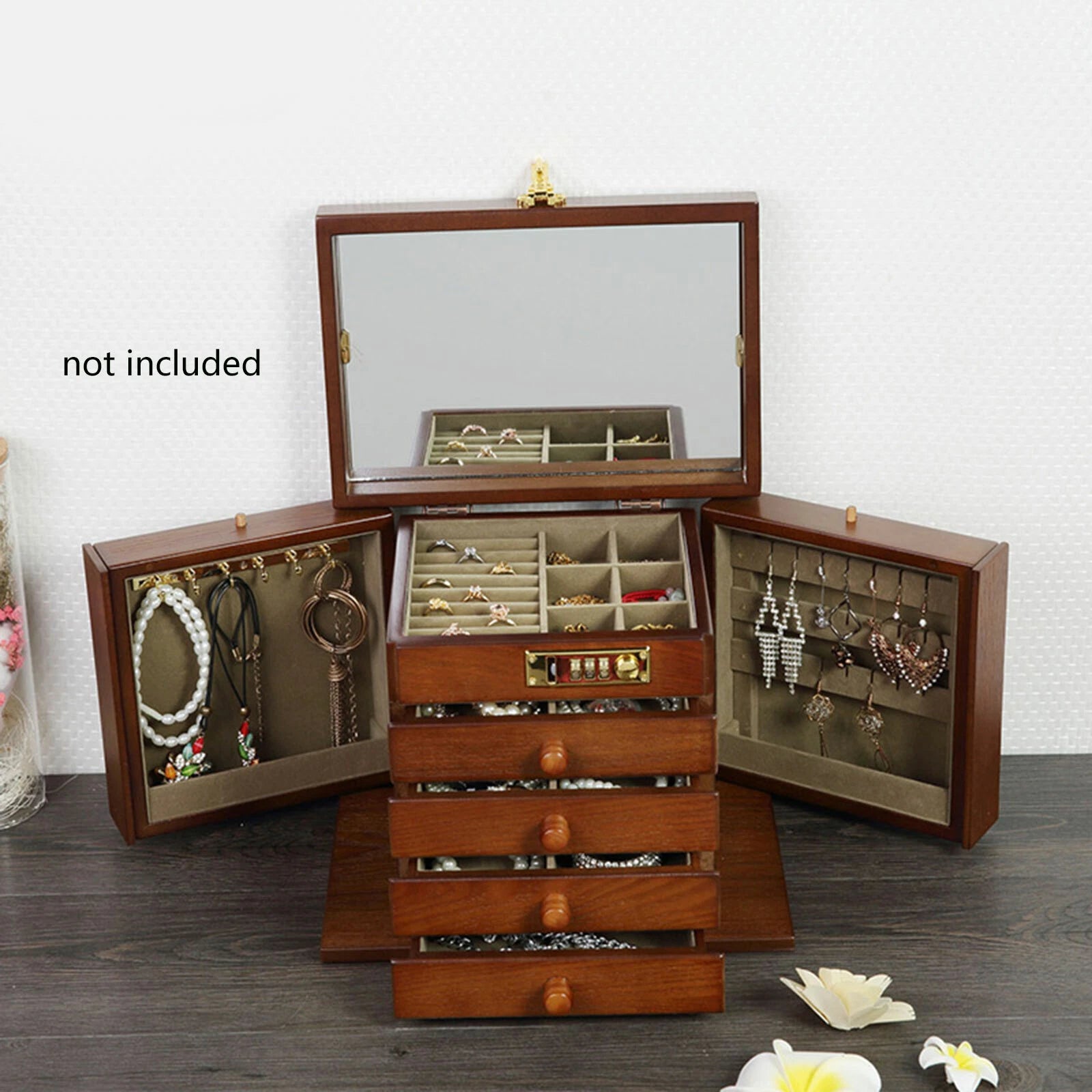 Large Wooden Jewelry Storage Box 5-Layer 4 Drawers Jewelry Cabinet Armoir & Lock | eBay