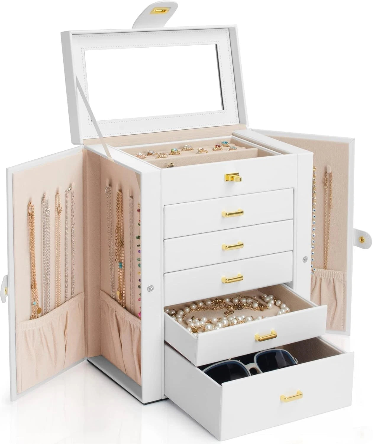 Jewelry Box Organizer White Leather 6-Tier with Mirror, Drawers, Compartments | eBay