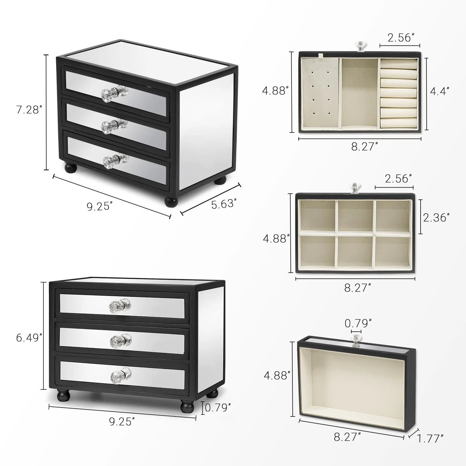 3-Tier Mirror Black Jewelry Box,Jewelry Organizer Glass with 3 Drawers for Bi... | eBay