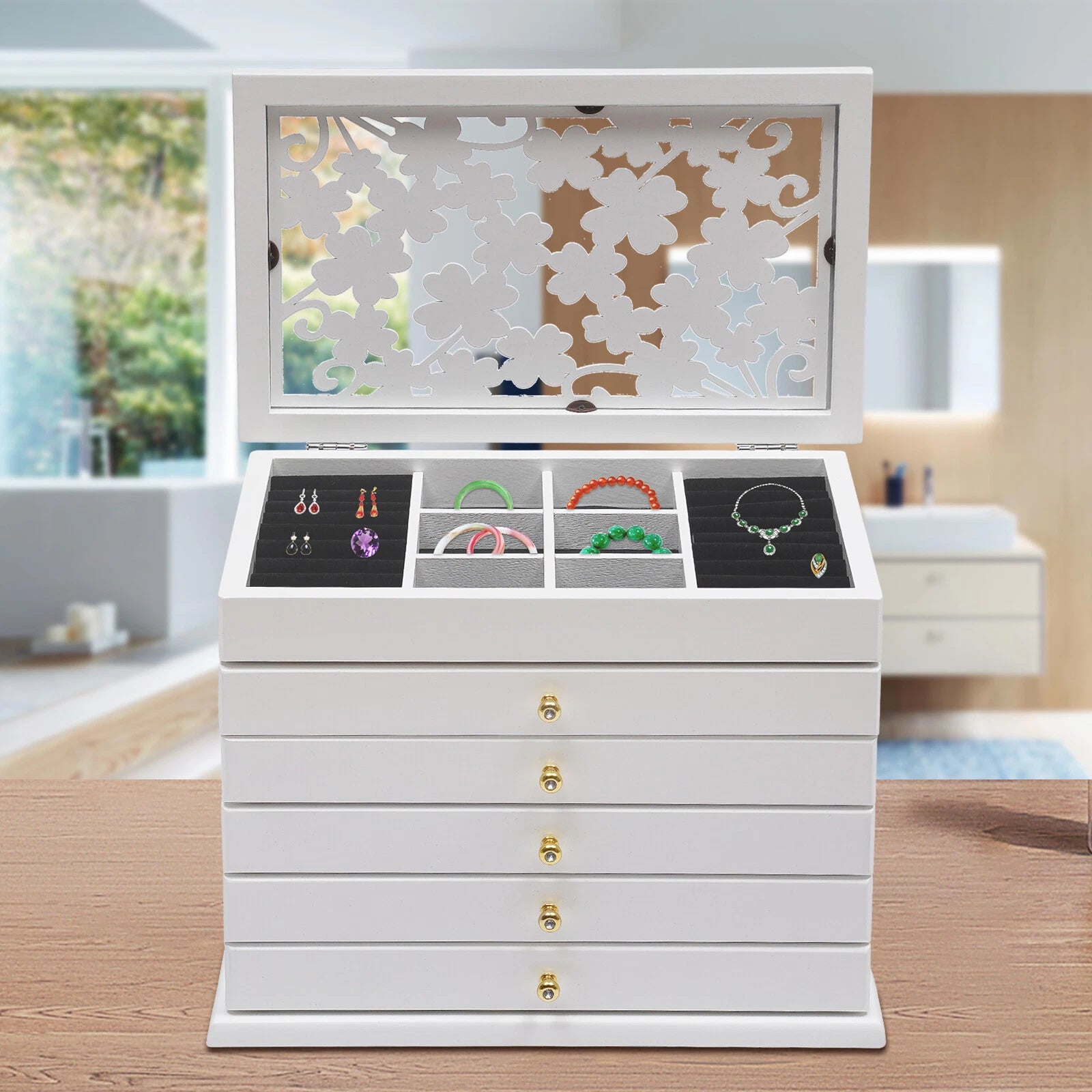 6 Layer White Jewelry Boxes Ring Necklace Storage Large-Capacity Wooden Box Case | eBay