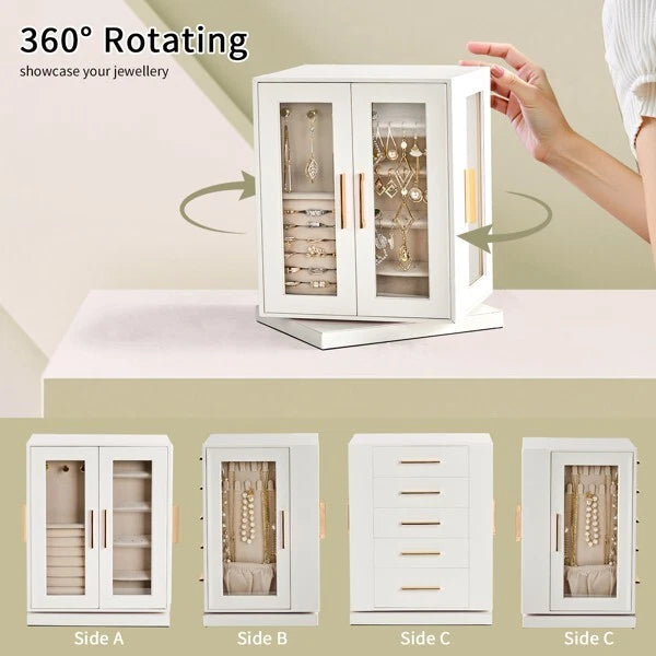 360° Rotating Jewelry Box with 5 Drawers, White Cabinet & Pink Velvet Storage | eBay