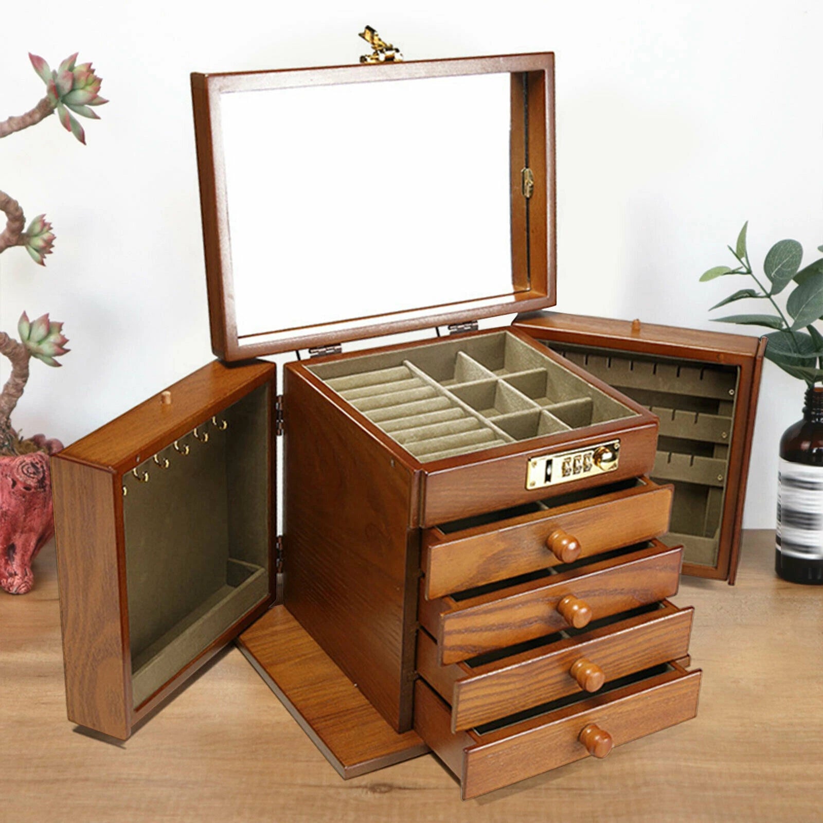 Elegant 5-Layer Wooden Jewelry Box with Velvet Lining and Secure Lock | eBay