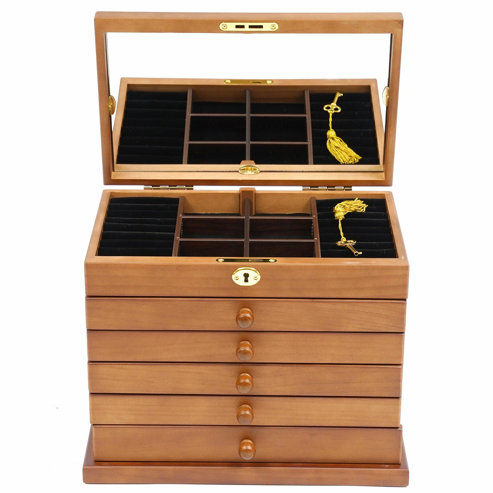 6-Layer Jewelry Box Wood for Wowen Large Organizer Box with Mirror & 5 Drawers | eBay
