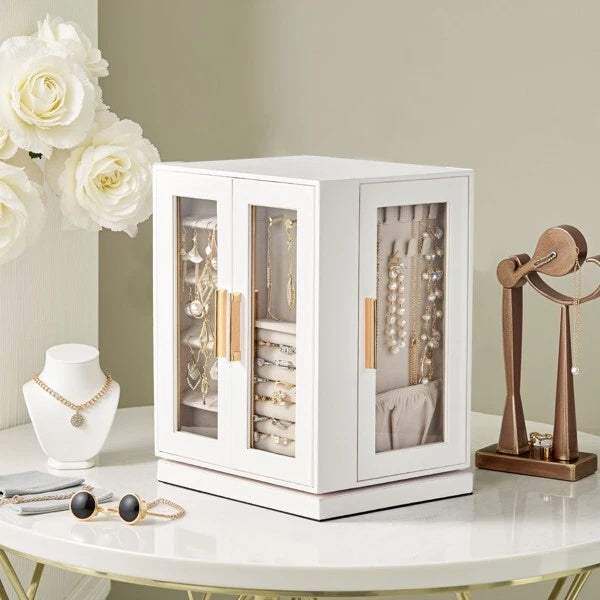 360° Rotating Jewelry Box with 5 Drawers, White Cabinet & Pink Velvet Storage | eBay