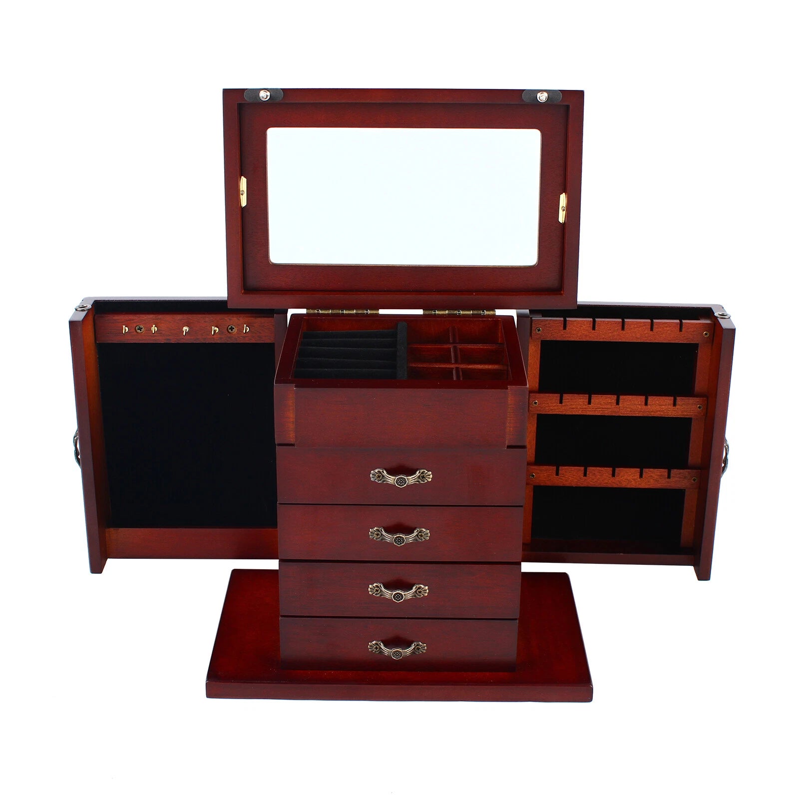 Large Wooden Jewelry Box Organizer w/ Mirror 5layer Ring Necklace Storage Case | eBay