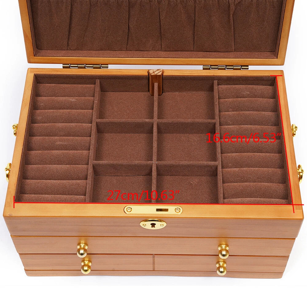 3-Layers Wooden Jewelry Storage Box Large Capacity Ring Case With Safe Lock NEW! | eBay