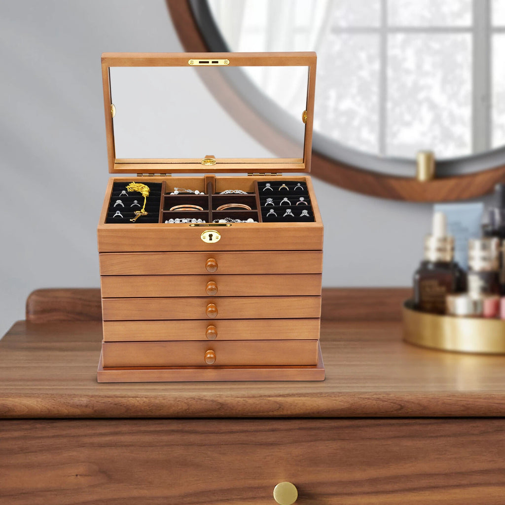 6-Layer Jewelry Box Wood for Wowen Large Organizer Box with Mirror & 5 Drawers | eBay
