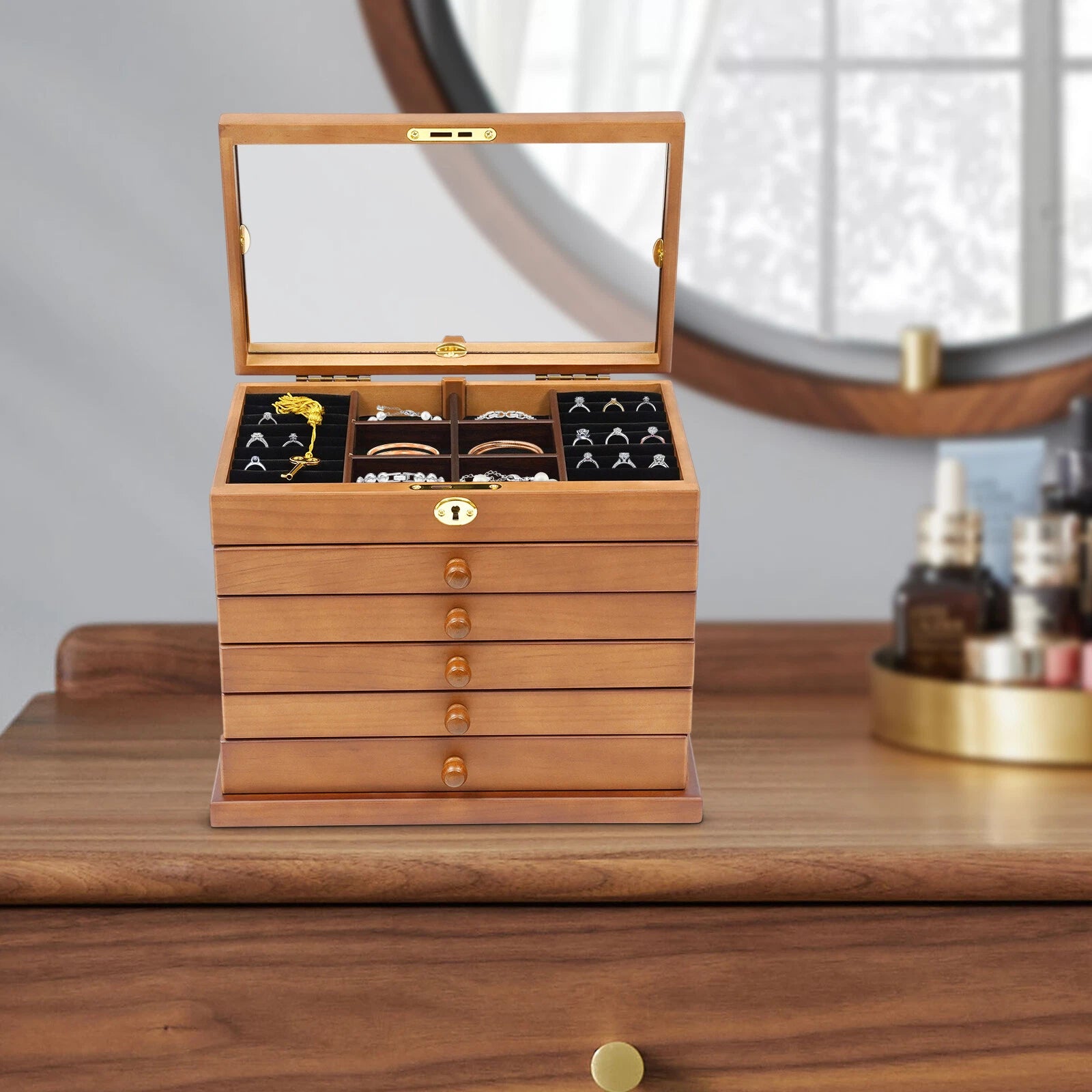 6-Layer Jewelry Box Wood for Wowen Large Organizer Box with Mirror & 5 Drawers | eBay
