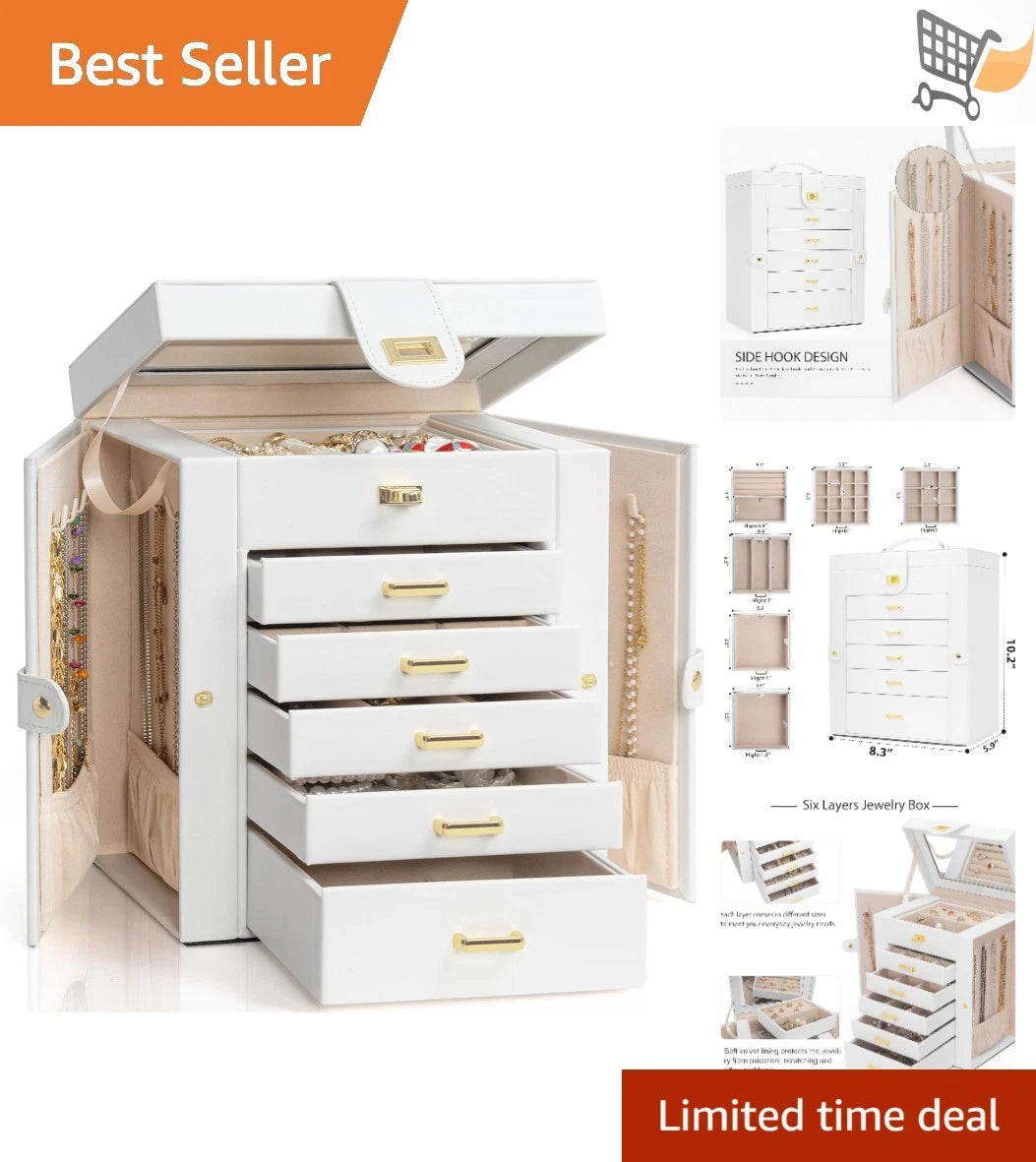 Jewelry Box Organizer White Leather 6-Tier with Mirror, Drawers, Compartments | eBay