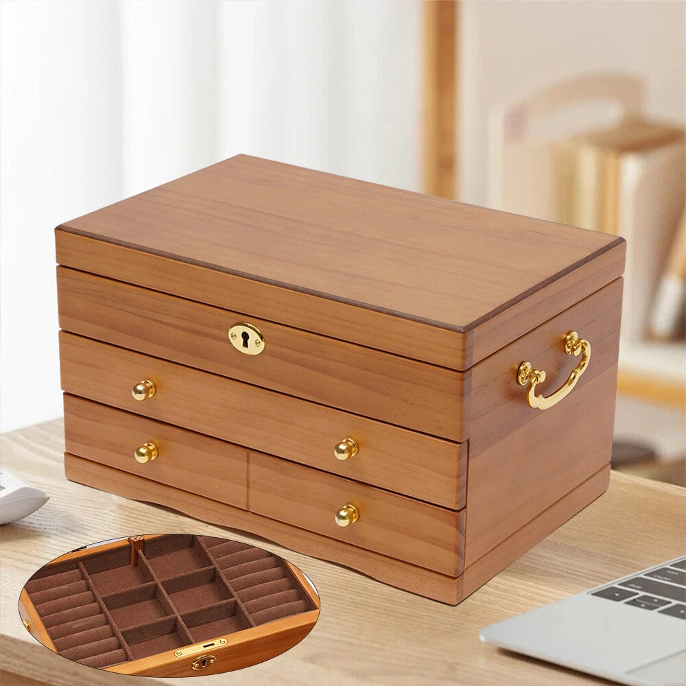 3-Layers Wooden Jewelry Storage Box Large Capacity Ring Case With Safe Lock NEW! | eBay