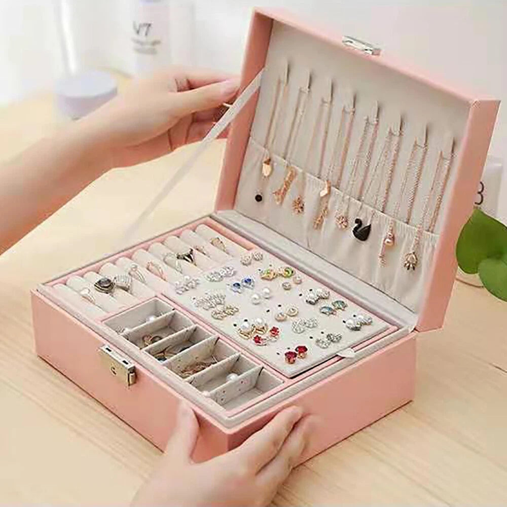 Double-layer Jewelry Storage Pink Cosmetics Box Watch Organizer Case PU Leather | eBay