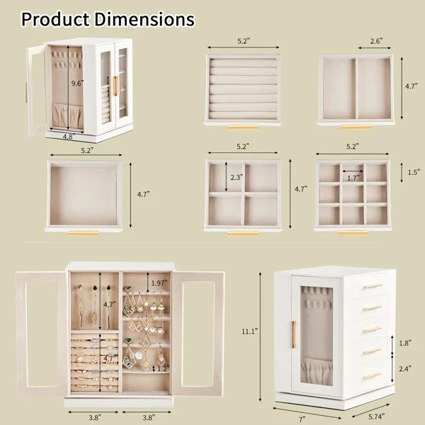 360° Rotating Jewelry Box with 5 Drawers, White Cabinet & Pink Velvet Storage | eBay