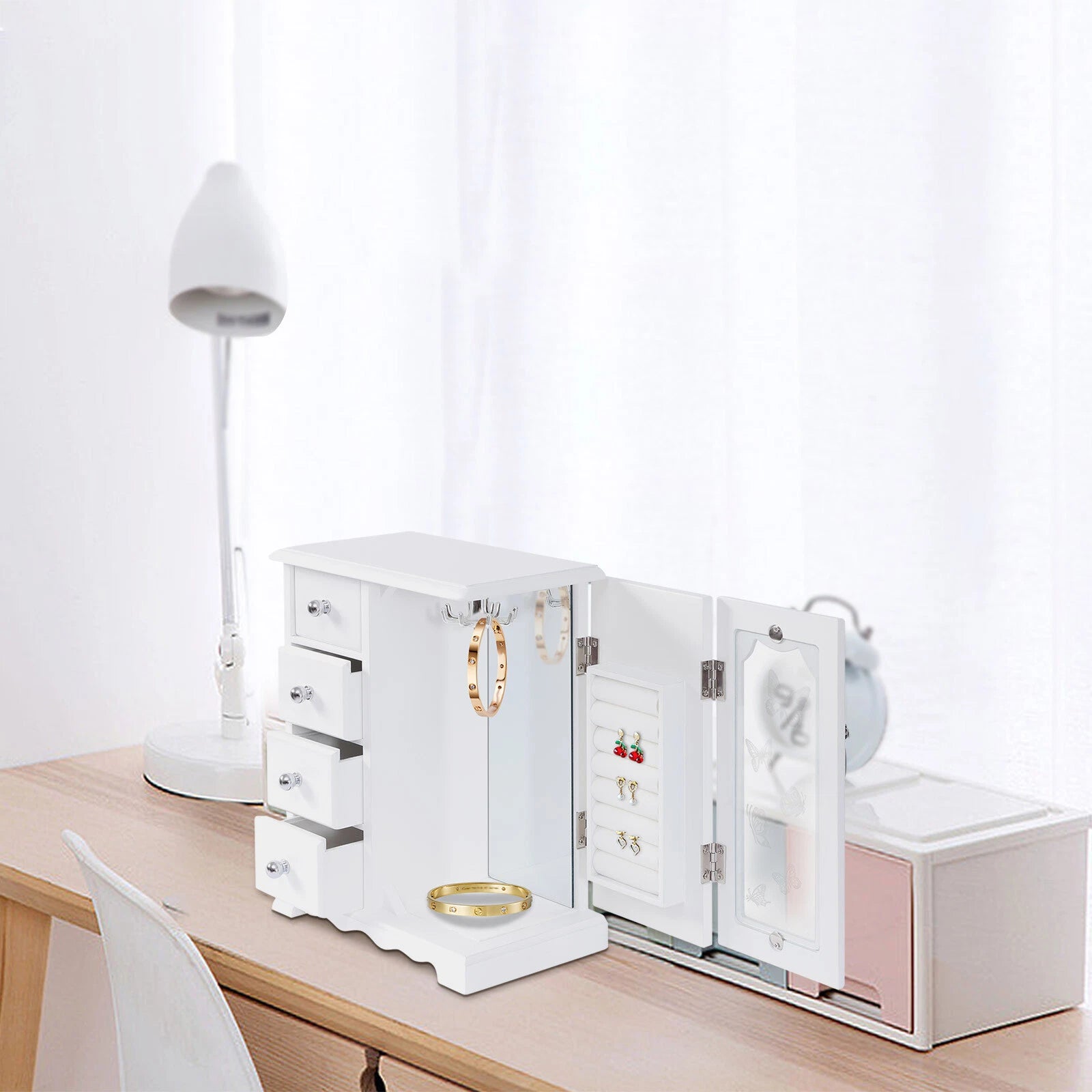Elegant White Jewelry Box Organizer with 4 Drawers and Butterfly Design | eBay