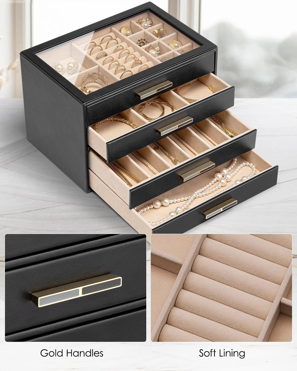 4 Layer Jewelry Box for Women, Glass Lid Jewelry Organizer with 4 Drawers for... | eBay