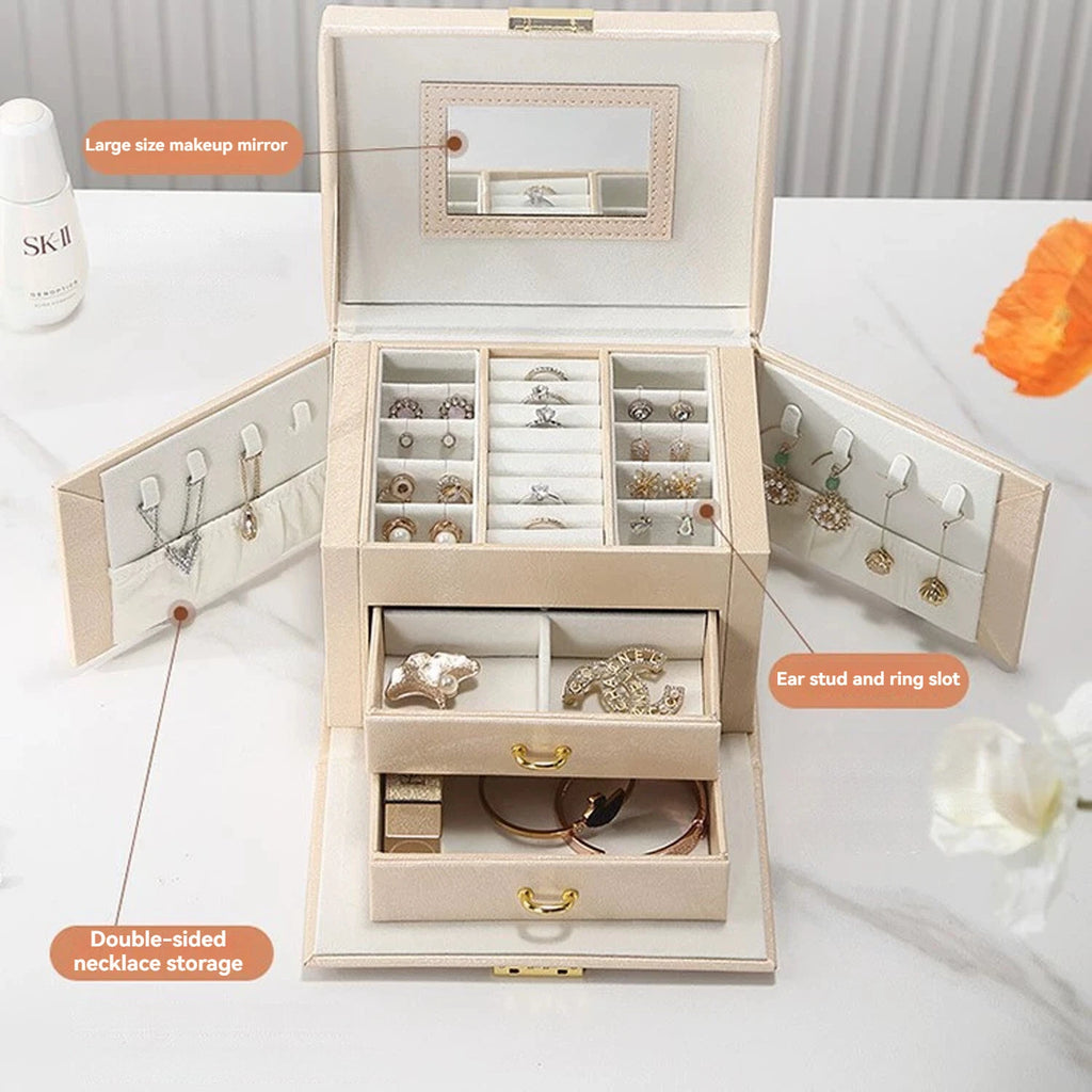 2 Layer Jewelry Storage Box for Necklaces Rings Watches PU Leather with Mirror ^ | eBay