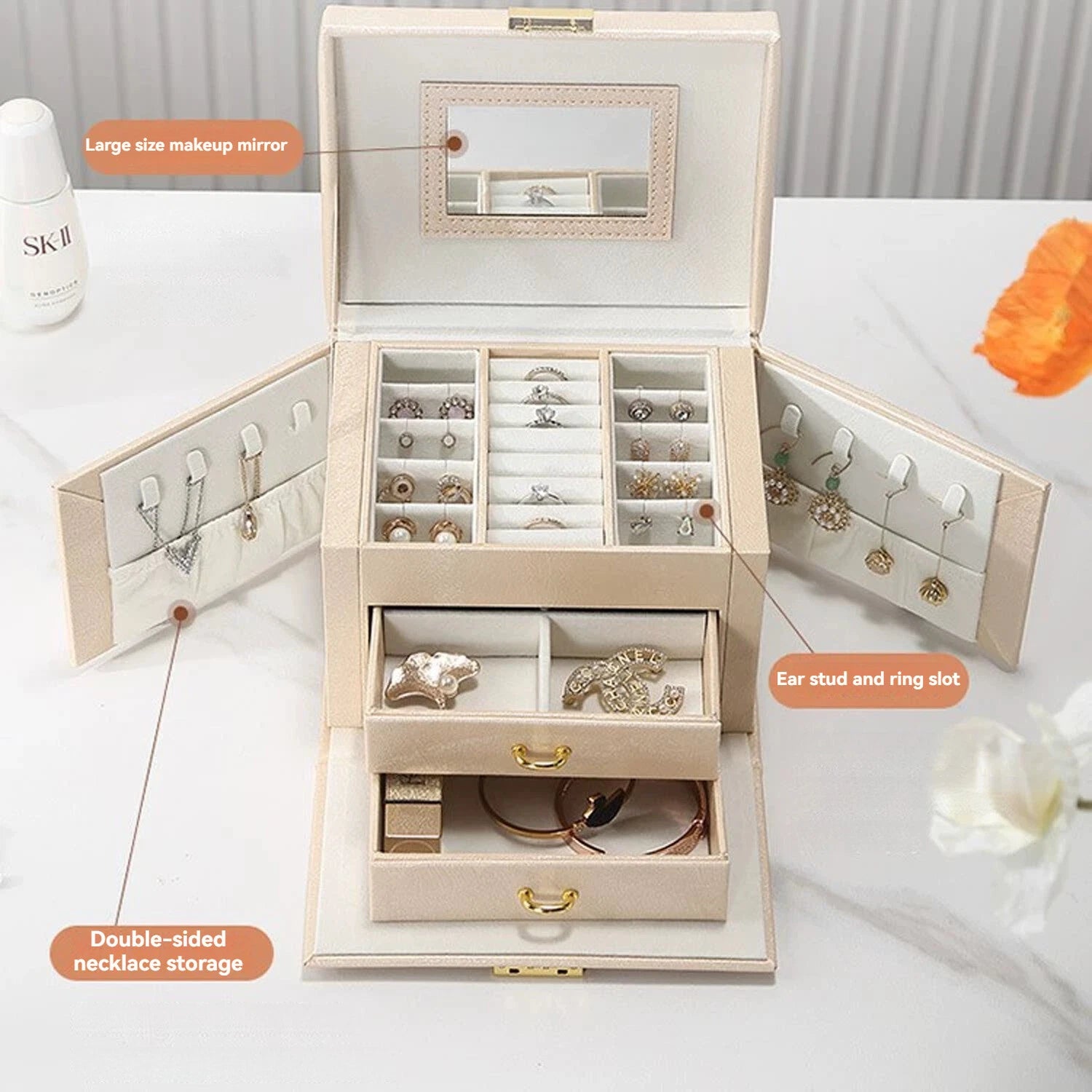 2 Layer Jewelry Storage Box for Necklaces Rings Watches PU Leather with Mirror ^ | eBay