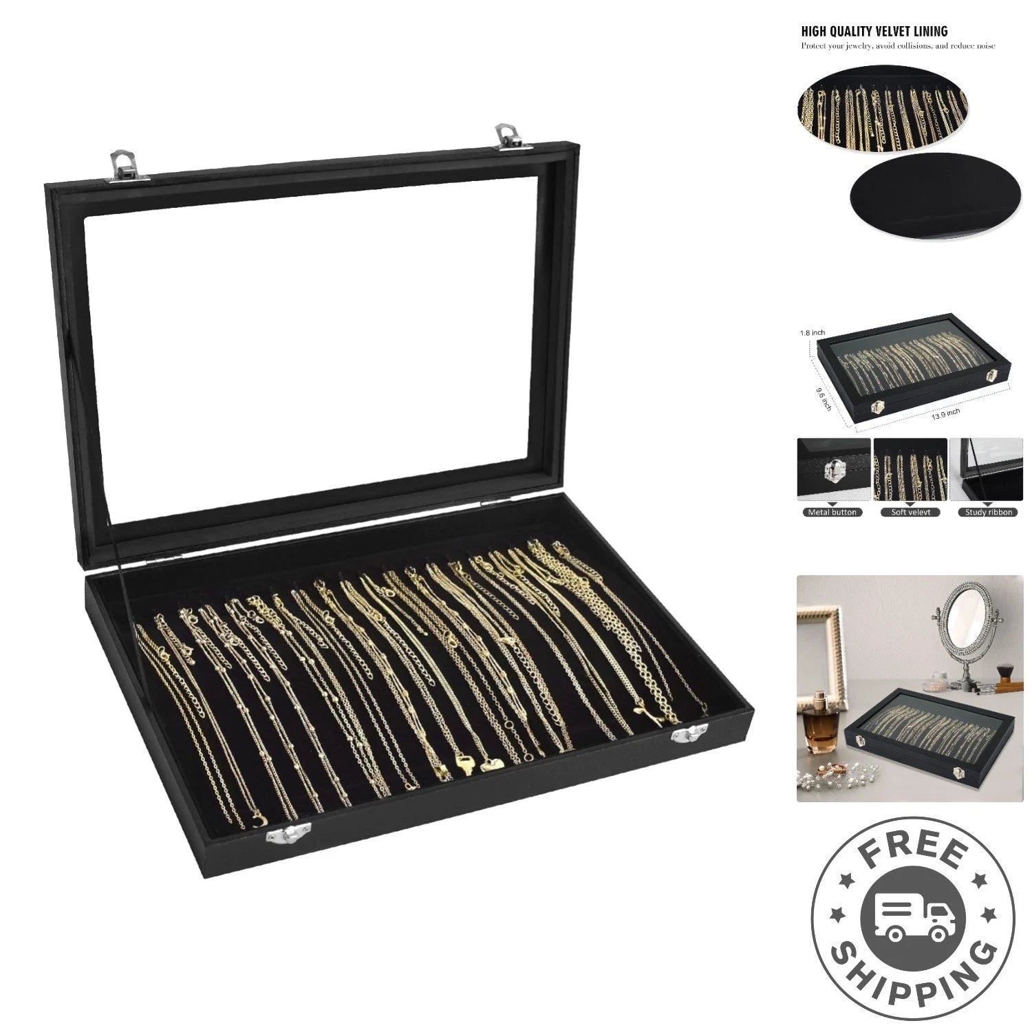 Dustproof Jewelry Display Box with 20 Hooks | Modern Velvet Organizer, Black | eBay
