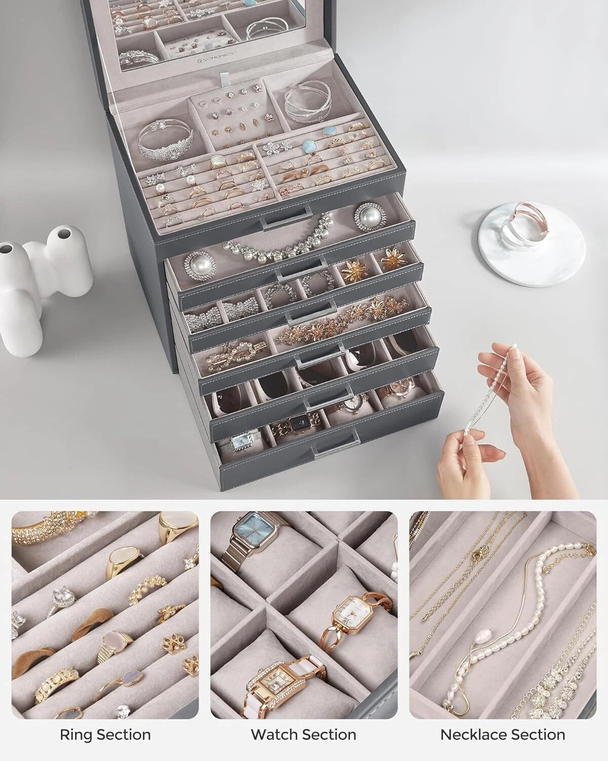 Jewelry Box 6-Tier Organizer Large Jewelry Case with Big Mirror Modern Style | eBay