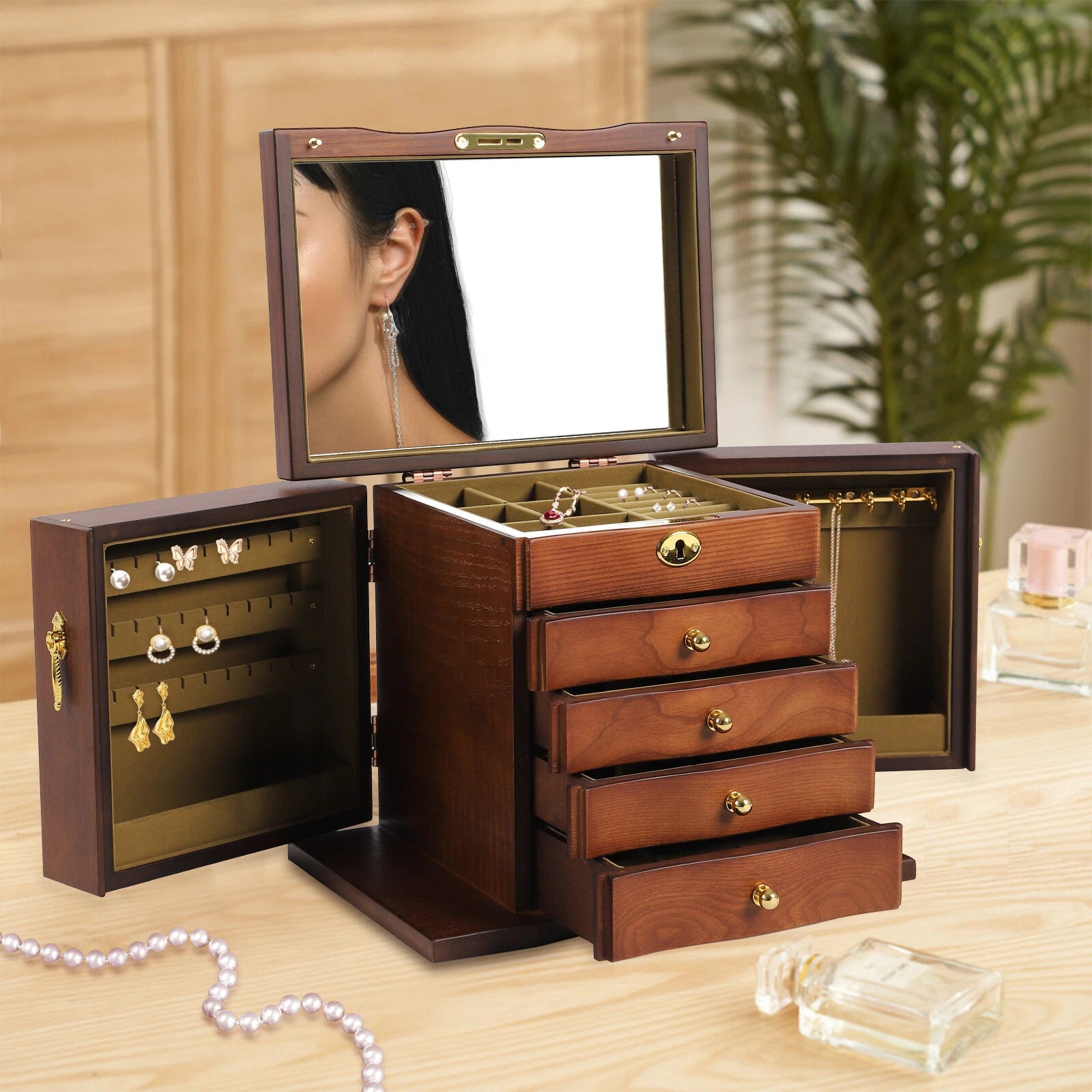 5 - Layer Jewelry Box 4 Drawers Wooden Large For Wowen W/ Mirror Organizer Box | eBay