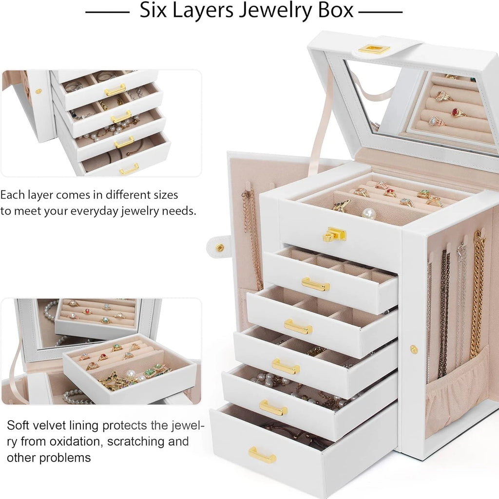 Jewelry Box Organizer White Leather 6-Tier with Mirror, Drawers, Compartments | eBay