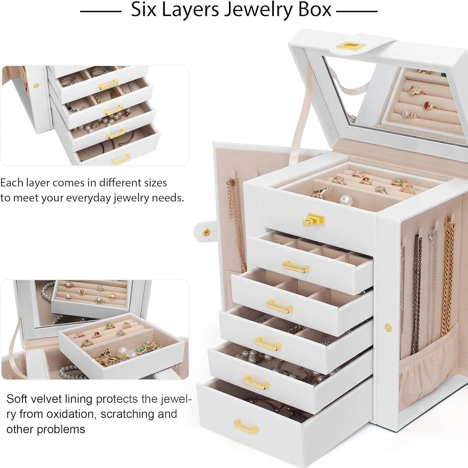 Jewelry Box Organizer White Leather 6-Tier with Mirror, Drawers, Compartments | eBay