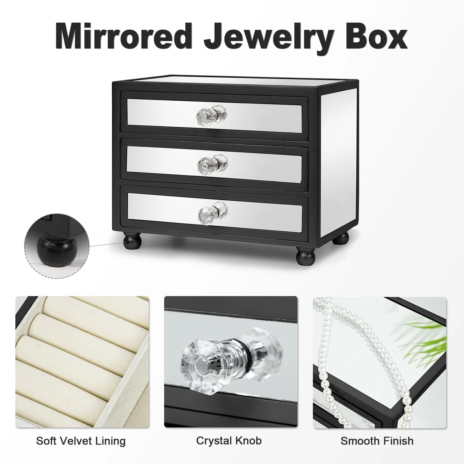 3-Tier Mirror Black Jewelry Box,Jewelry Organizer Glass with 3 Drawers for Bi... | eBay