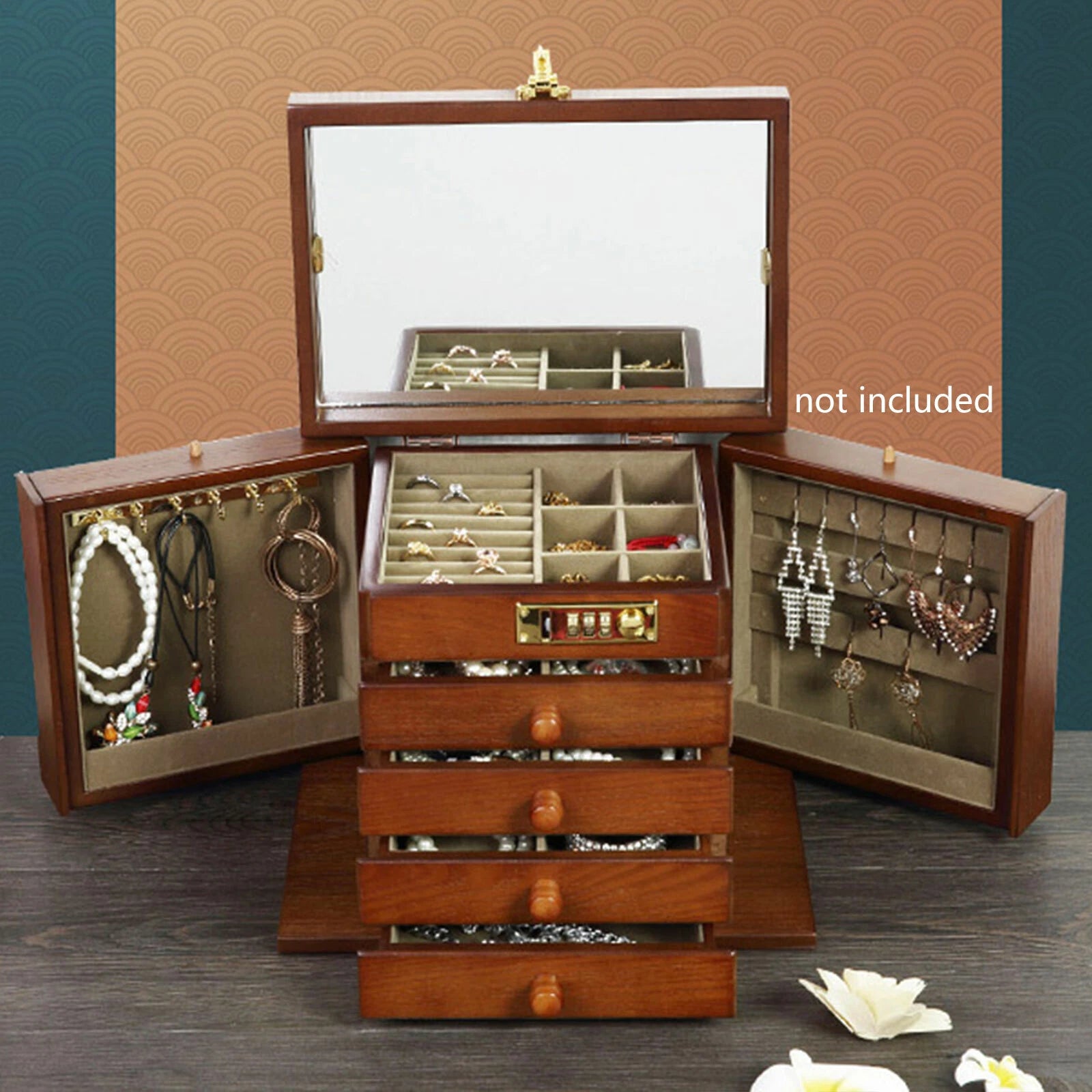 Large Wooden Jewelry Storage Box 5-Layer 4 Drawers Jewelry Cabinet Armoir & Lock | eBay
