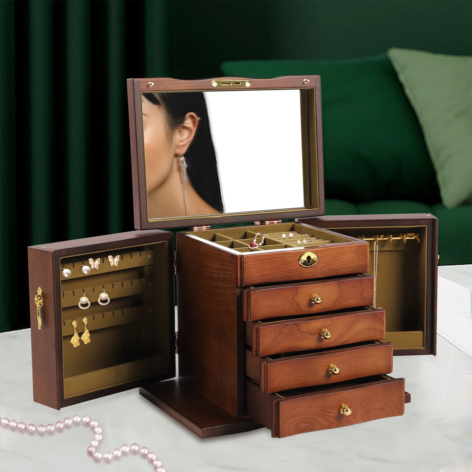 5 - Layer Jewelry Box 4 Drawers Wooden Large For Wowen W/ Mirror Organizer Box | eBay