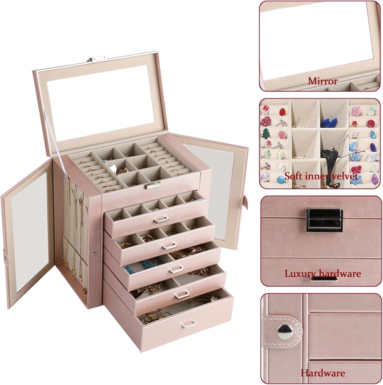 6 Layer Large Jewelry Boxes with Mirror，Multifunctional 5 Drawers Jewelry Box Or | eBay